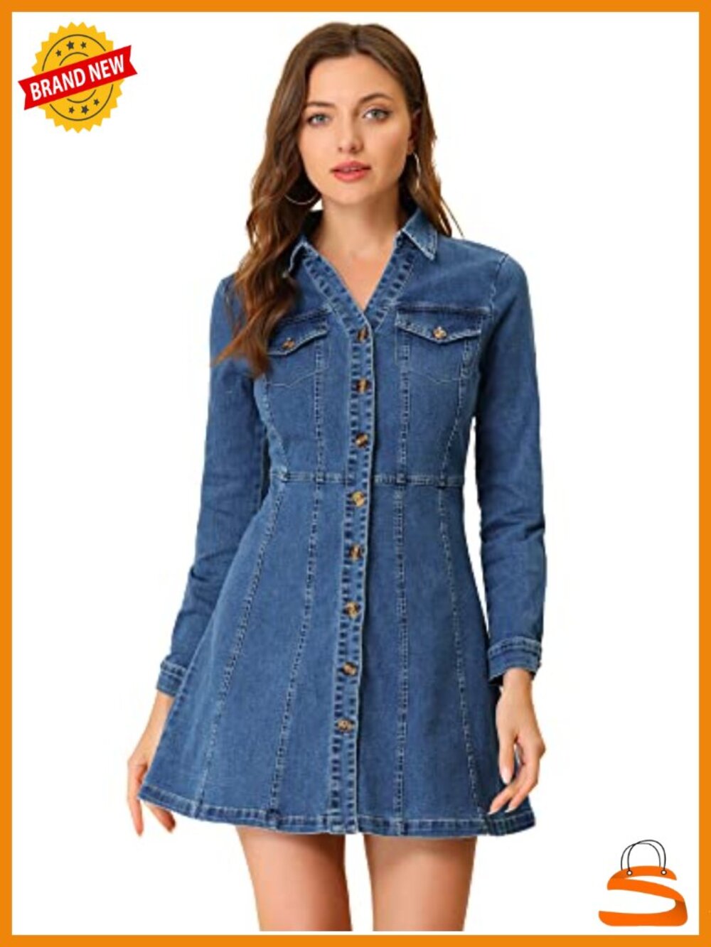 Denim Dress Point Collar V Neck Button Down Long Sleeve Fitted Waist